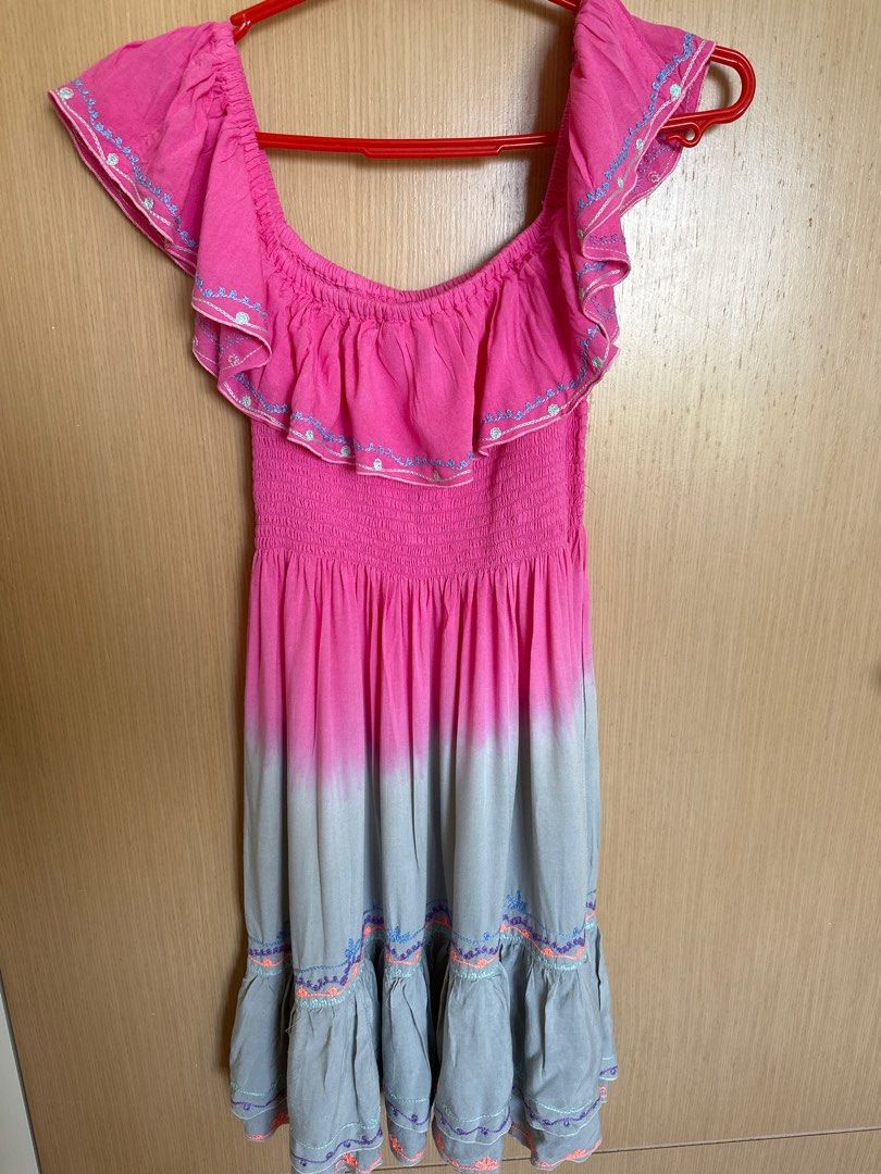 Grey Pink Gradient Summery Off Shoulder Dress Women s Fashion