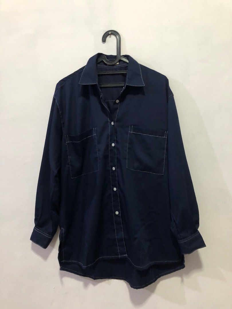 Kemeja/Blus warna Navy/Biru tua,,dengan benang kontrasvwarna putuh on