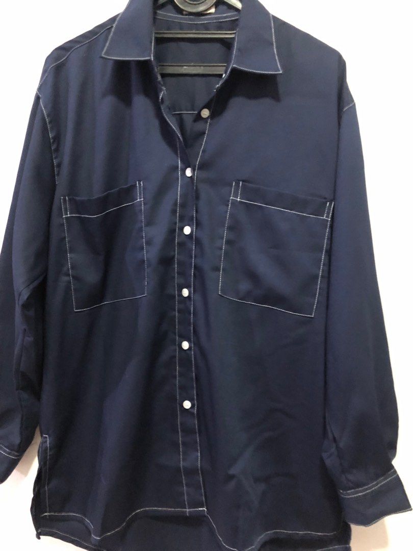 Kemeja/Blus warna Navy/Biru tua,,dengan benang kontrasvwarna putuh on