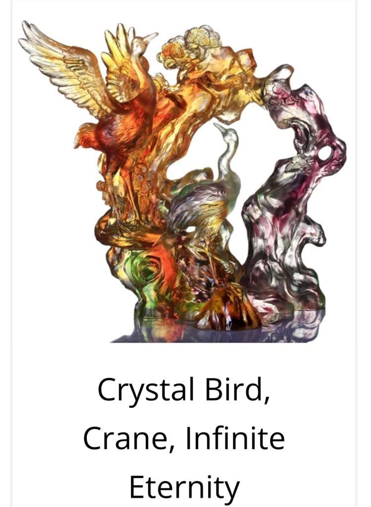 Liuli Crystal Bird, Crane, Infinite Eternity with glass stand