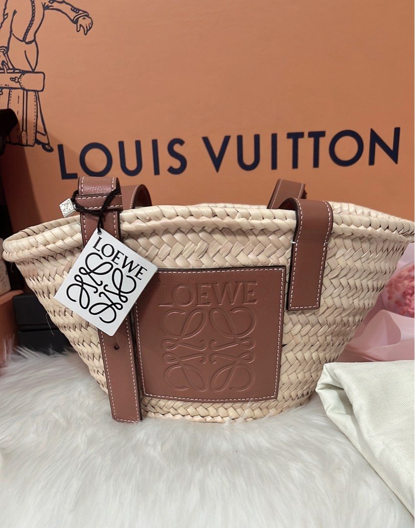 LOEWE Small Basket 小款 棕櫚葉拼小牛皮 托特包 編織包 草編包 原色/棕褐色