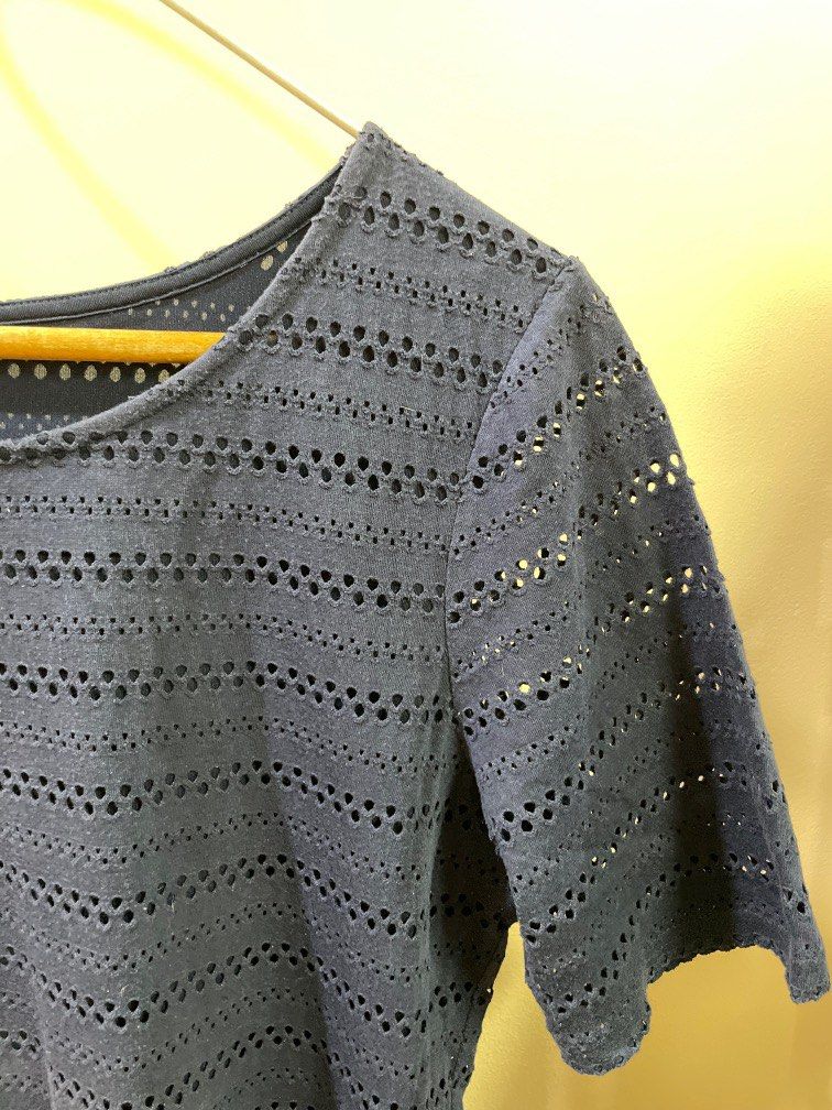 Navy Blue Laser Pattern Blouse (Category: Blouses) located in Quezon City. Submitted by spottedstuff (Listing ID 1247461869, Image 2). Description: Fits M to XL frames.