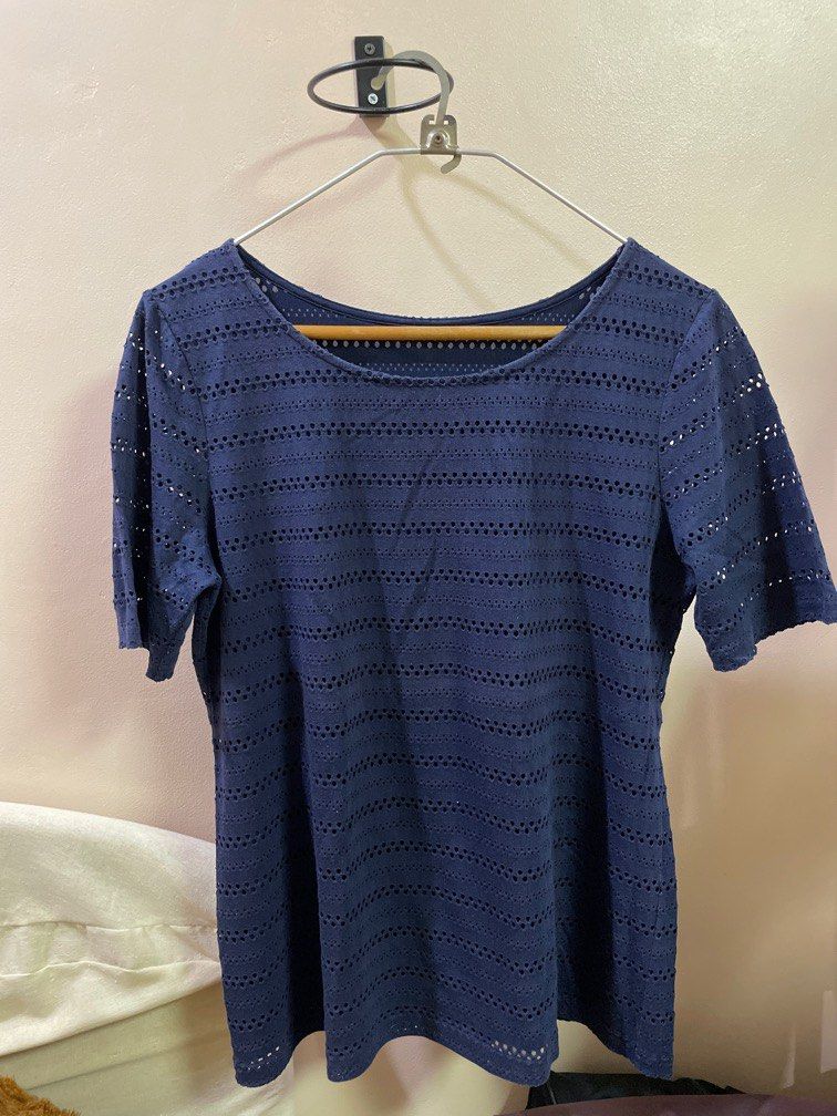Navy Blue Laser Pattern Blouse (Category: Blouses) located in Quezon City. Submitted by spottedstuff (Listing ID 1247461869, Image 1). Description: Fits M to XL frames.
