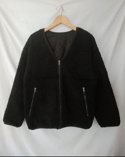 Reversible Sherpa Jacket Full Black Bolak-balik Brand W CLOSET
