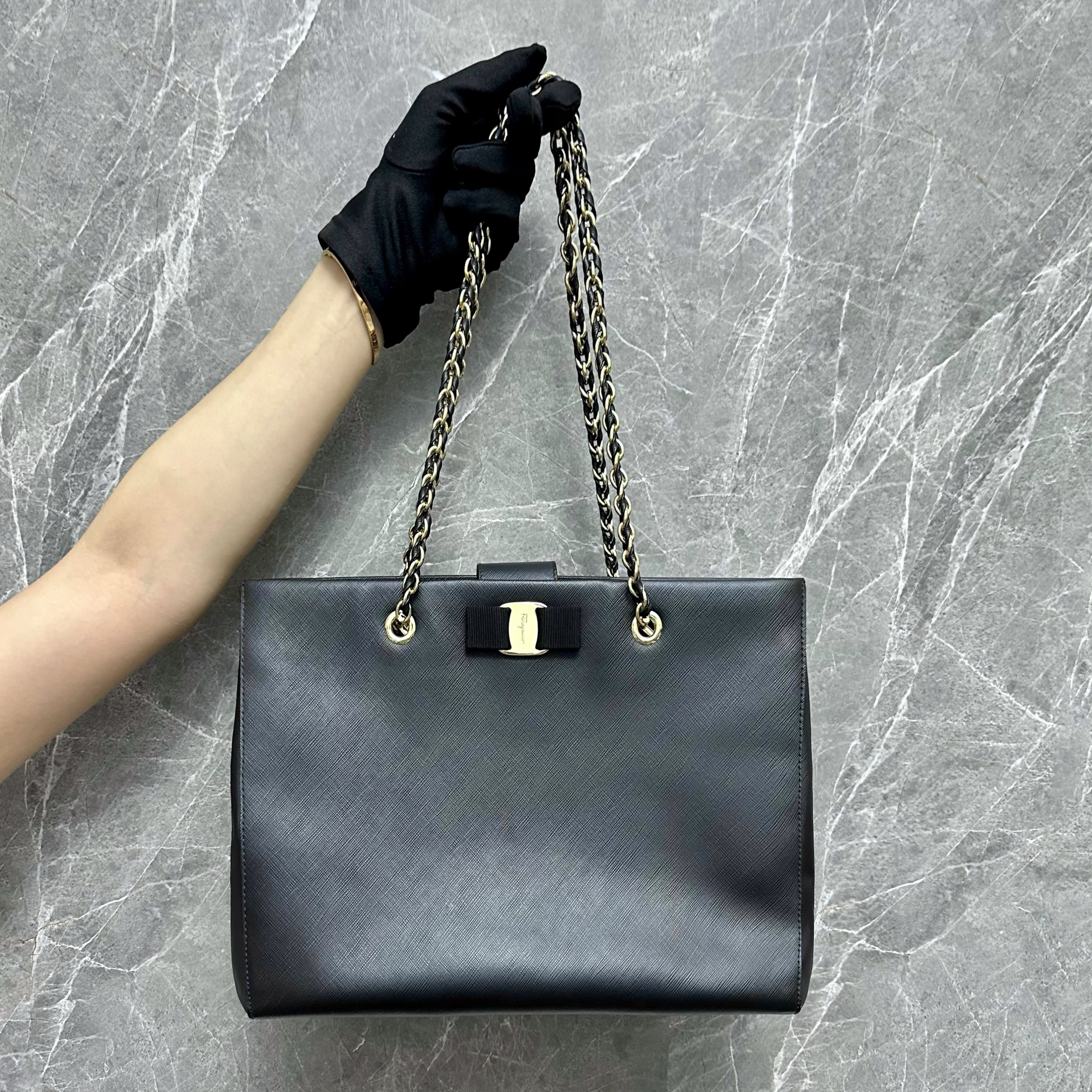 Salvatore Ferragamo Melike Tote Saffiano Leather Black GHW Luxury