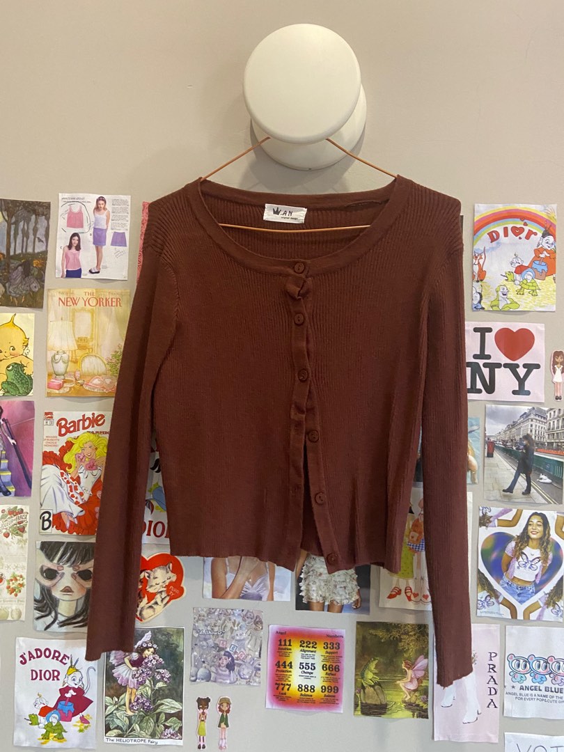 simple brown knit cardigan, Women's Fashion, Tops, Longsleeves on Carousell
