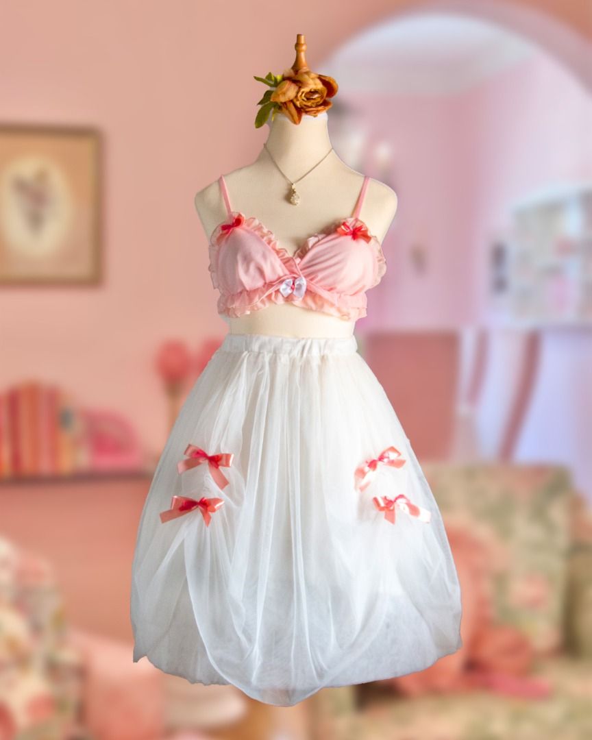 white tutu skirt pink outfit ribbon skirt Cute and sexy set