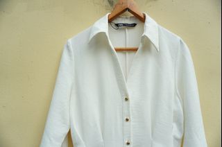 二手正品/ZARA全白襯衫裙 白色連身鈕釦長襯衫 白色連身洋裝