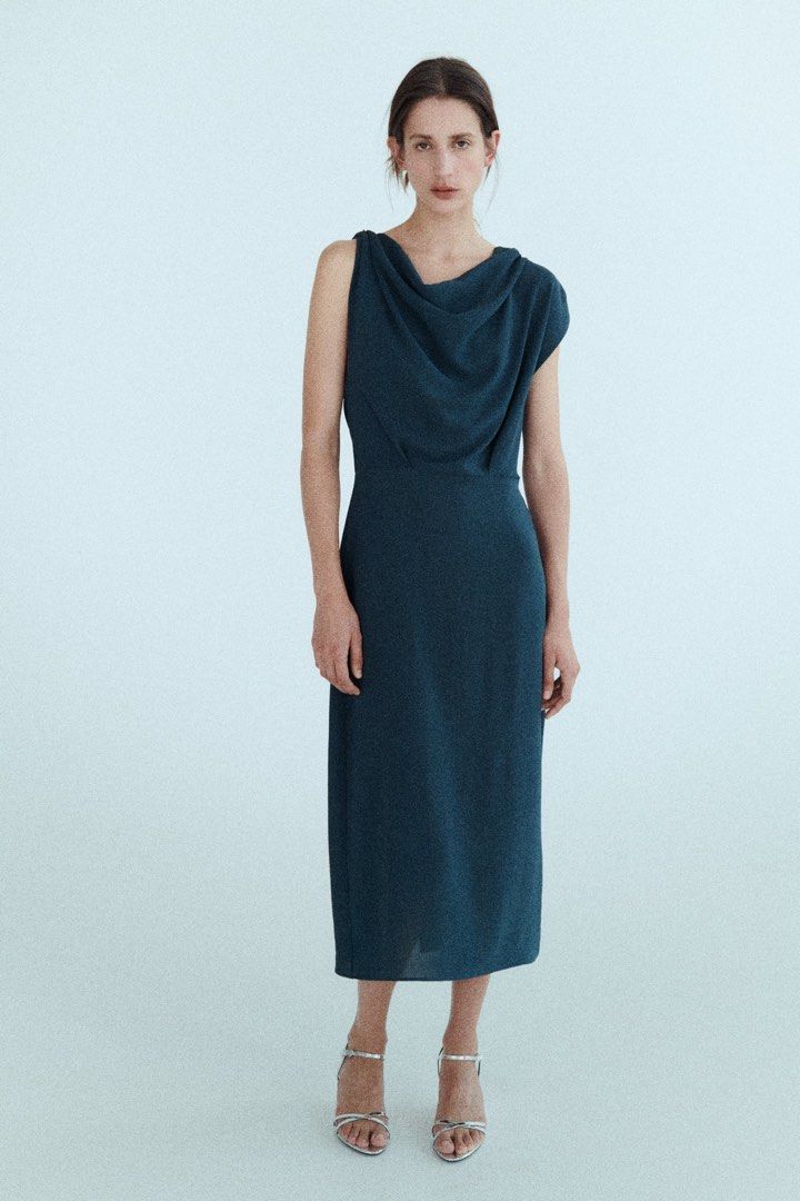 Zara Draped Cowl Neck Midi Dress, Women's Fashion, Dresses & Sets, Dresses on Carousell