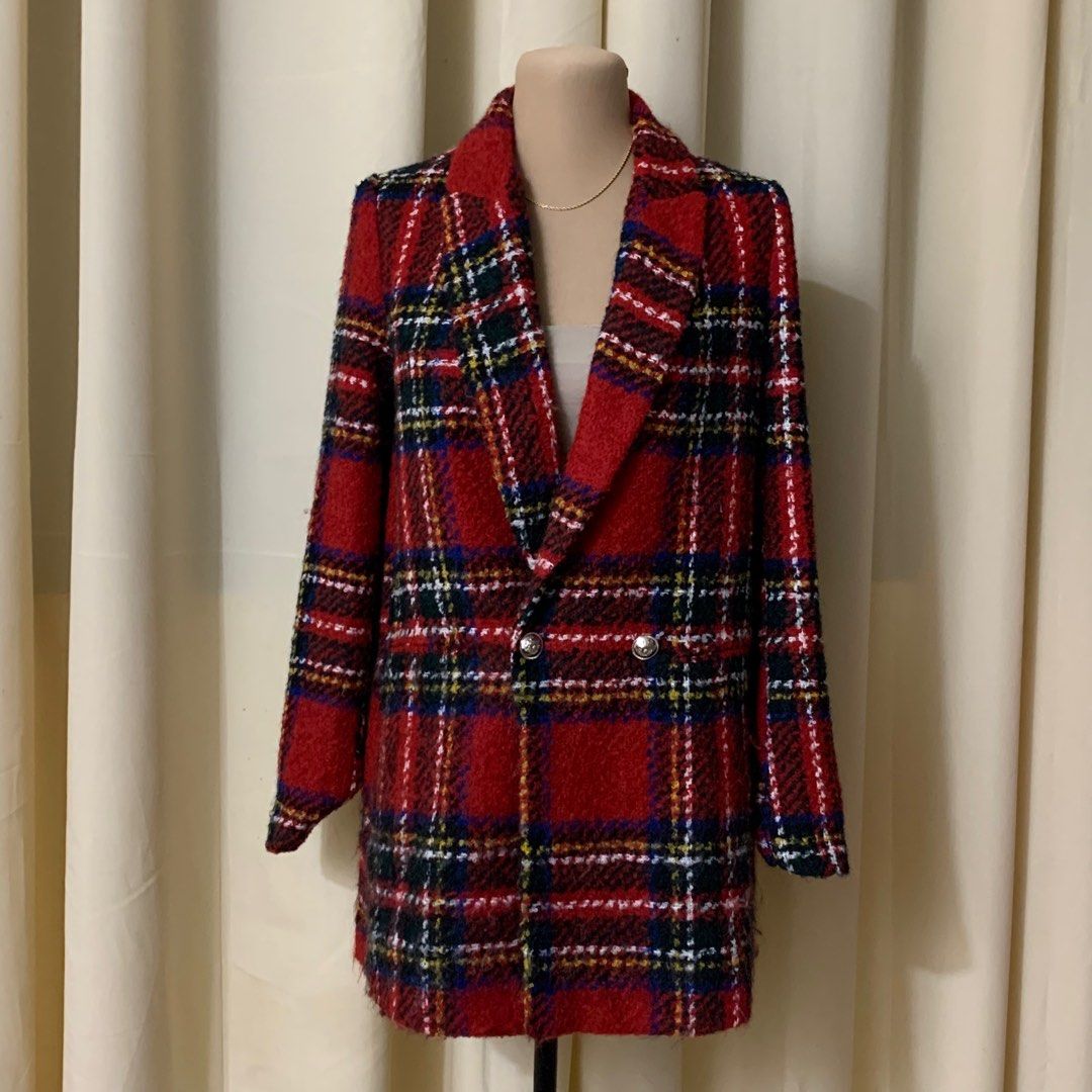 Zara red check best sale coat