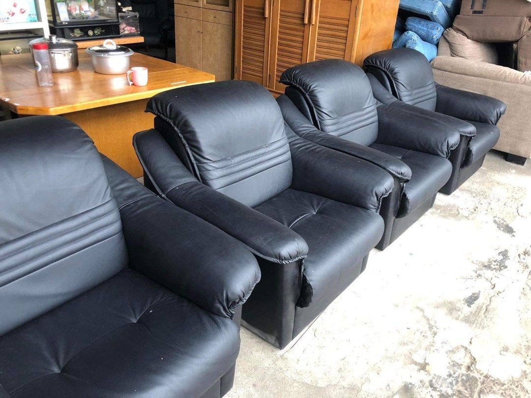 4 pieces big black leather single sofa Black leather armchairs 35L