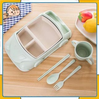 5 in1 Wheat Straw Chlidren Meal Tray Creative Car Shape Separate Kid Dinning Plate Set