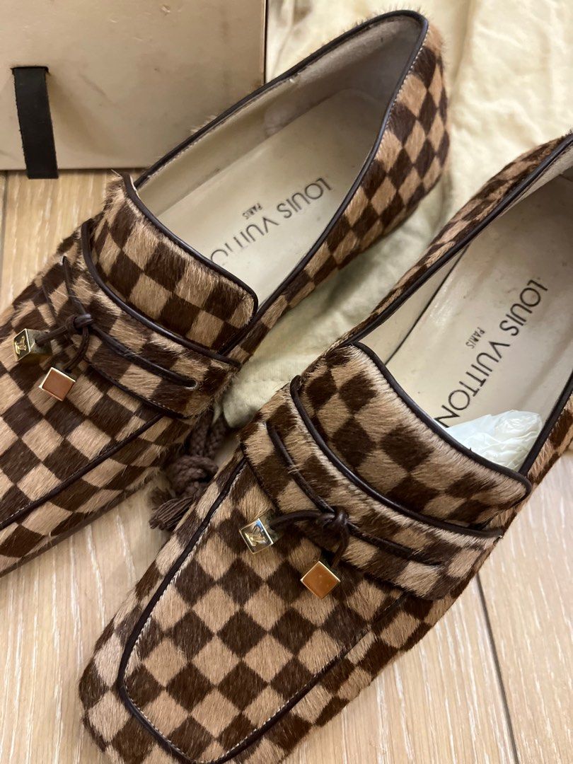 LOUIS VUITTON Loafer Damier Beige Brown Pony Hair LV Dice Logo Charm Size  42
