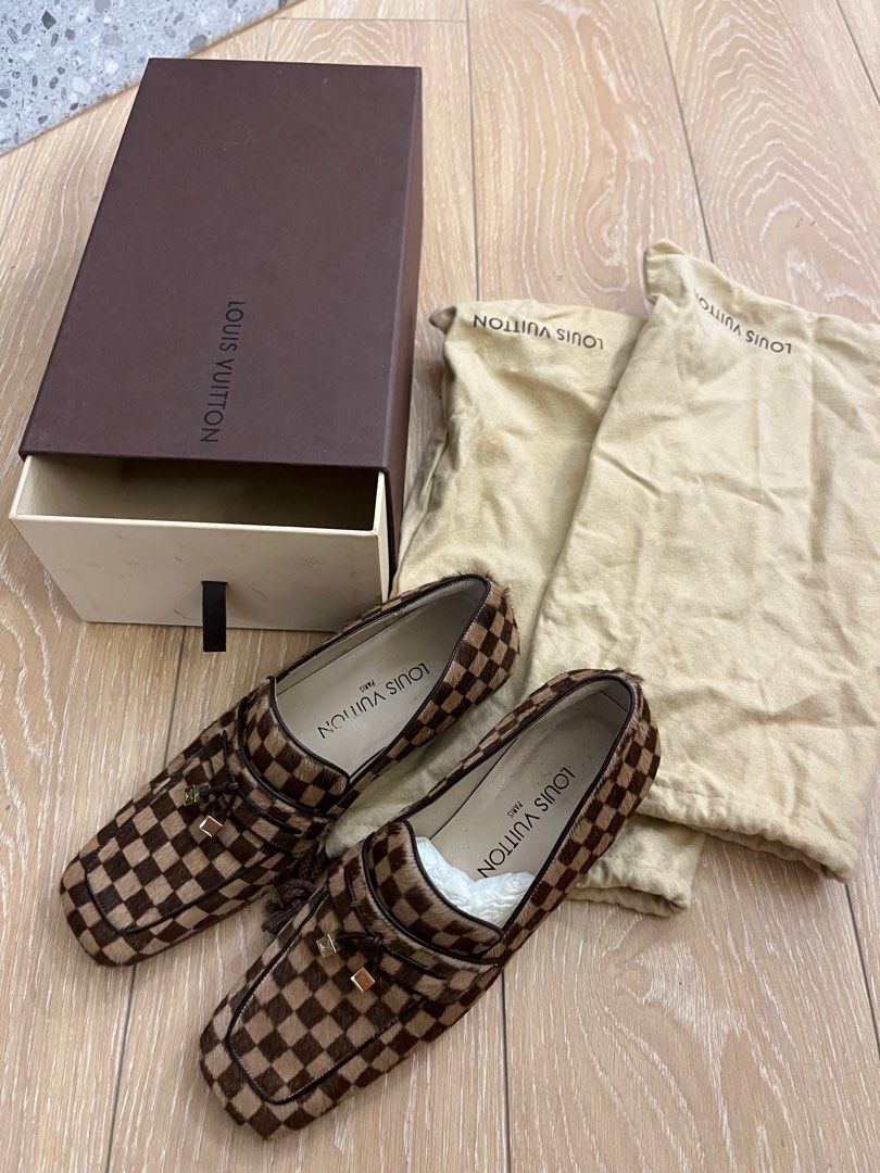 LOUIS VUITTON Loafer Damier Beige Brown Pony Hair LV Dice Logo Charm Size  42