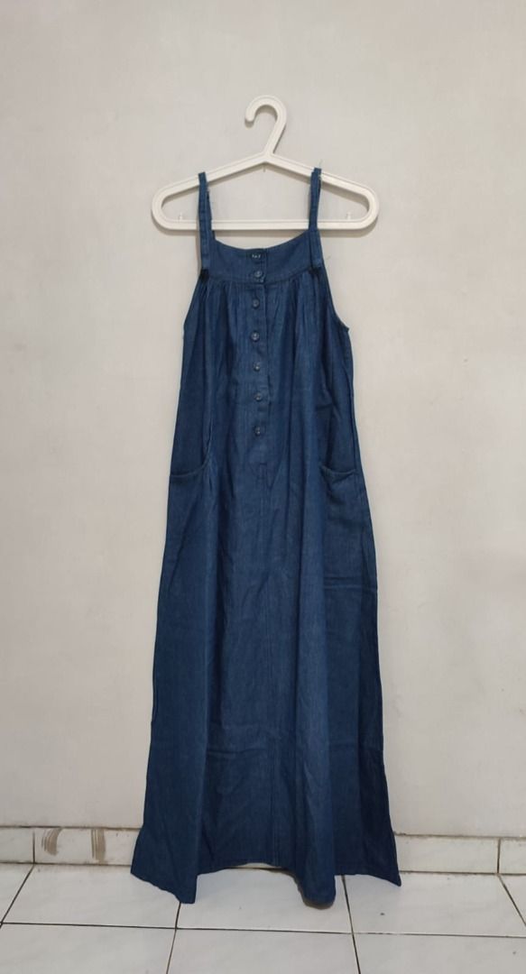 Denim Jumpsuit Vintage Baju Kodok Jeans Navy Merek, Fesyen Wanita