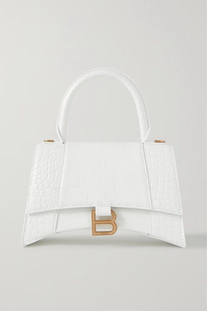 Balenciaga White XS Hourglass Croco Embossed Bag