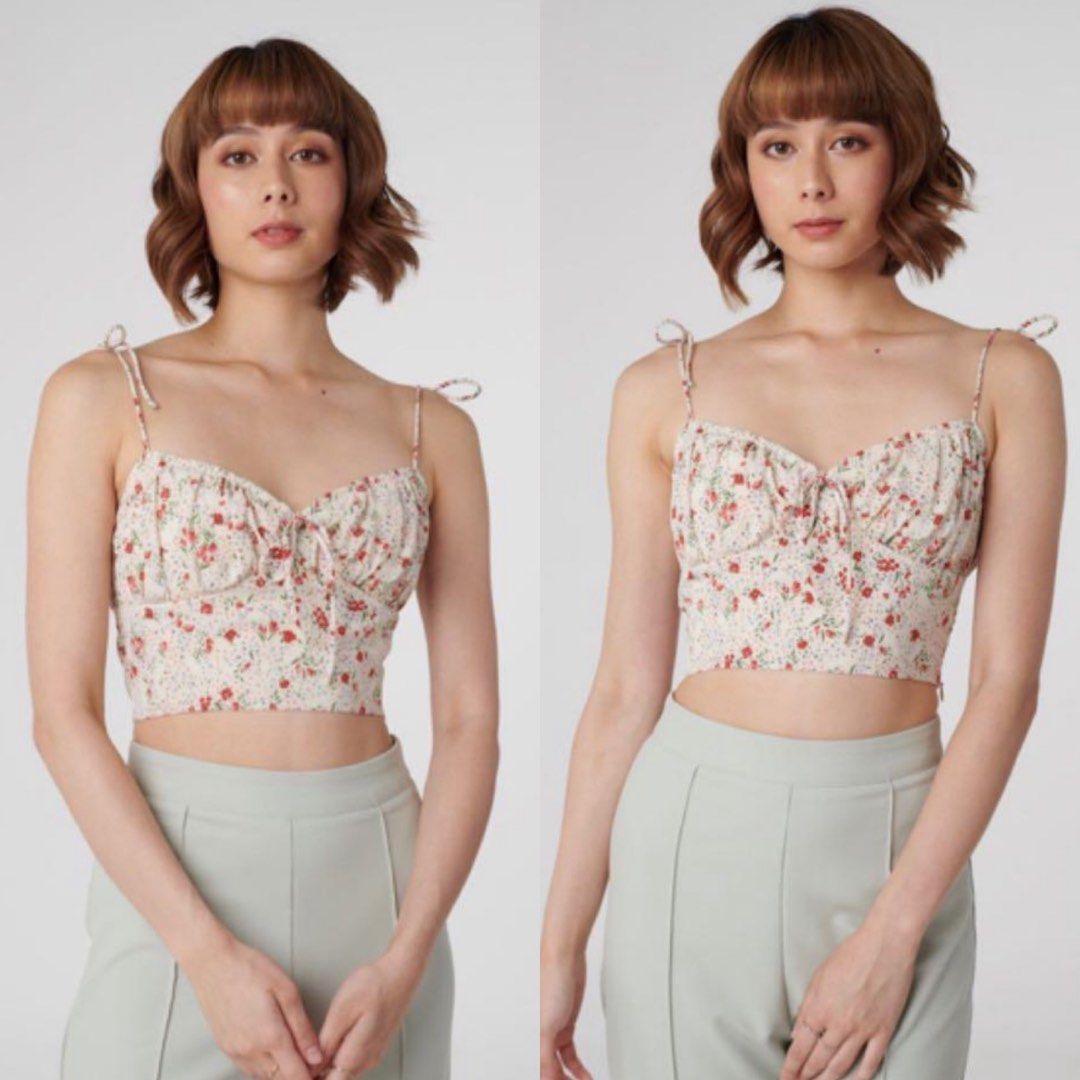 black floral bustier crop top, Women's Fashion, Tops, Sleeveless on  Carousell