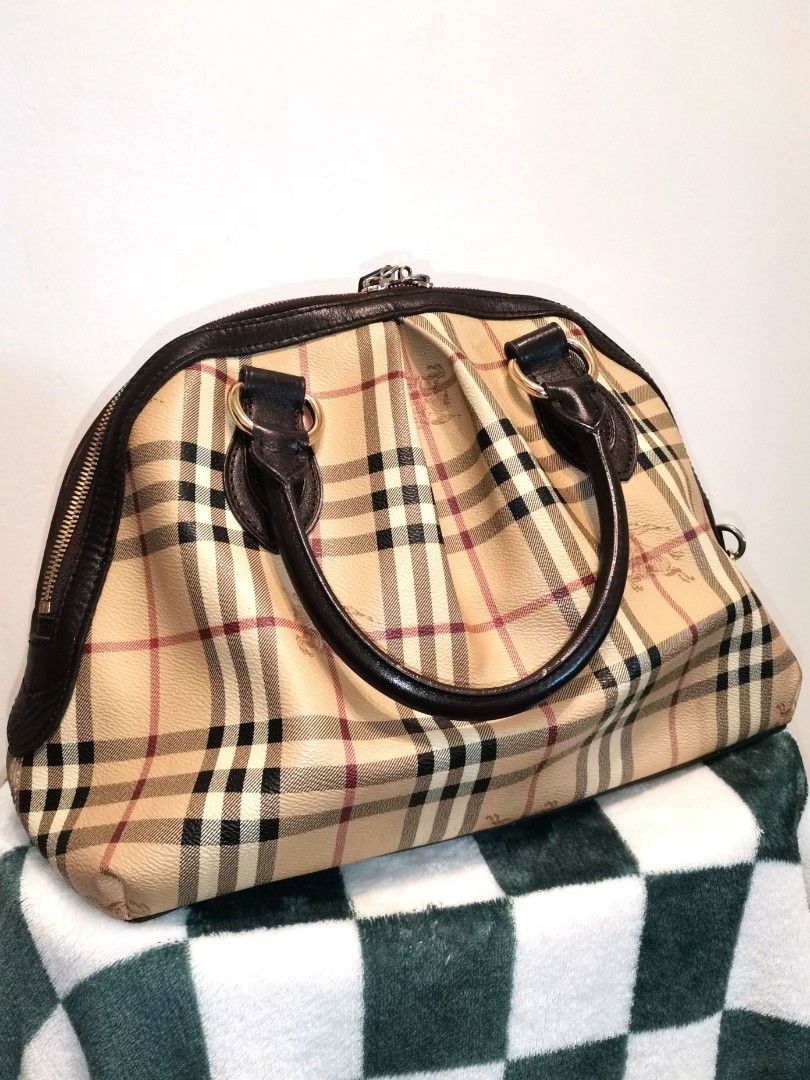 Burberry Gold Haymarket Check PVC and Leather Thornley Bowling Bag Burberry