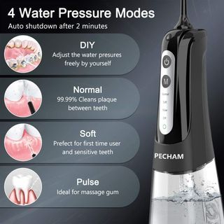 MySmile Powerful Cordless Water Dental Flosser, Portable Oral Irrigator with OLED Display 5 Modes 8 Replaceable Jet Tips, Black