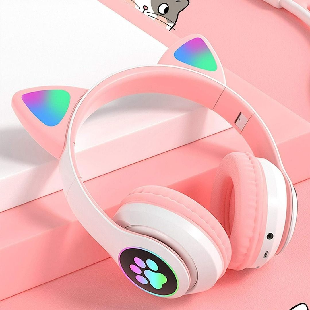 Cat Ear Wired Gaming Headsets with Mic RGB LED Light, 3.5MM Noise Reduction  Flashing Glowing Headphones,7.1 Stereo Sound Surround Gamer Headphones for