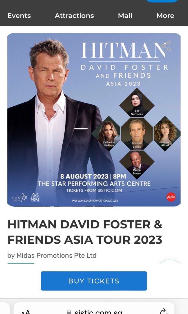 David Foster and Friends Tour 1x cat 1 section B, Tickets & Vouchers