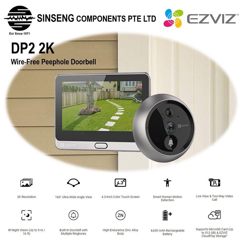 EZVIZ DP2 NEW 2K Version Wire-free Peephole Battery Operated Wireless  Doorbell Camera with 4.3”inch Touch Screen Color Panel (App:EZVIZ)