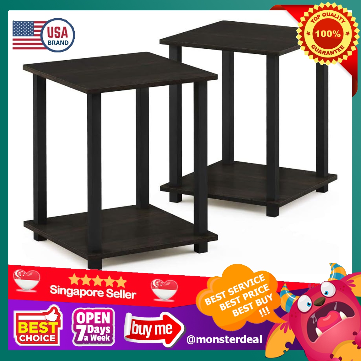 Furinno Simplistic Set of 2 End Table, Espresso/Black, Furniture & Home