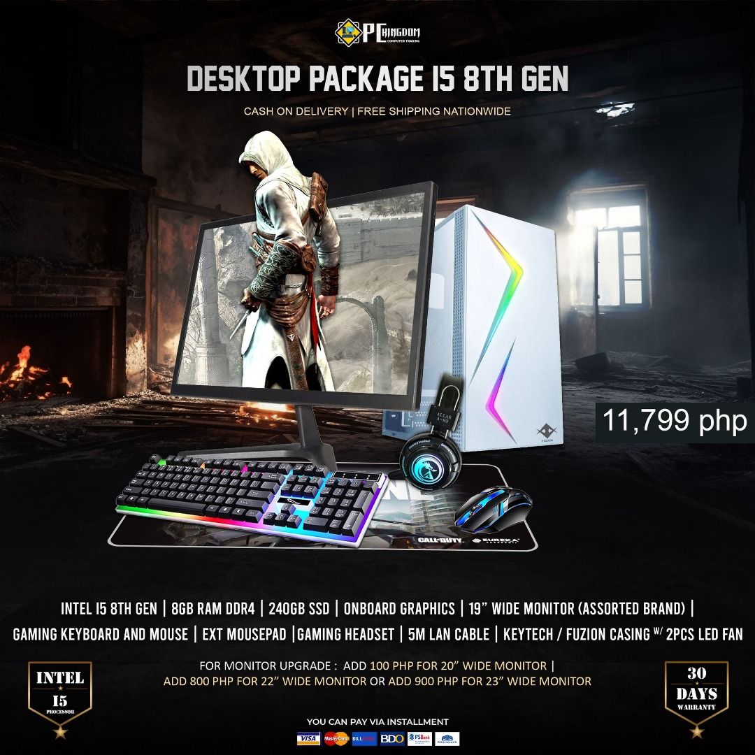 GAMING COMPUTER SET i5 8TH GEN 8GB DDR4 RAM 240GB SSD 19 wide MONITOR ...