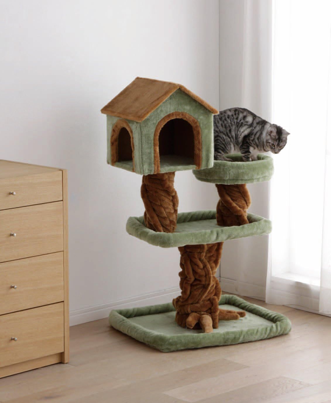 Iris Ohyama Cat Tower, Cat Land Mini, Stationary Type, Green, Height 40