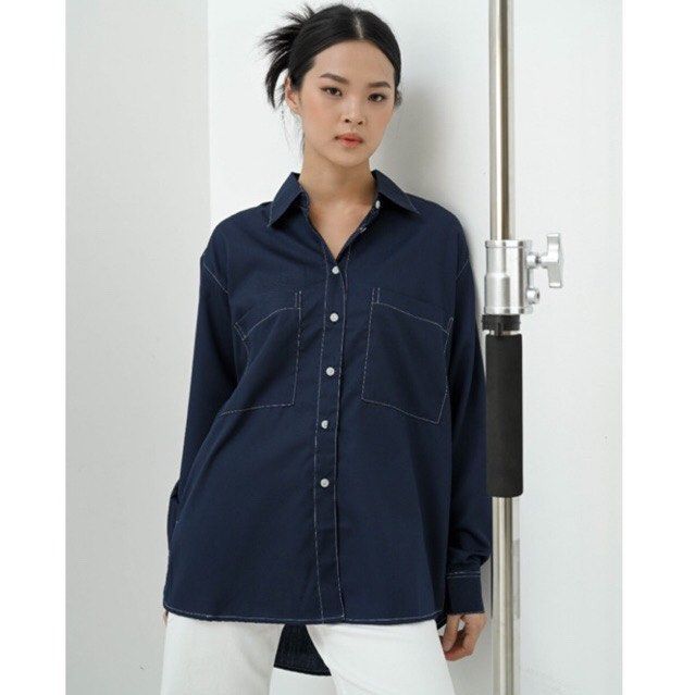 Kemeja/Blus warna Navy/Biru tua,,dengan benang kontrasvwarna putuh on