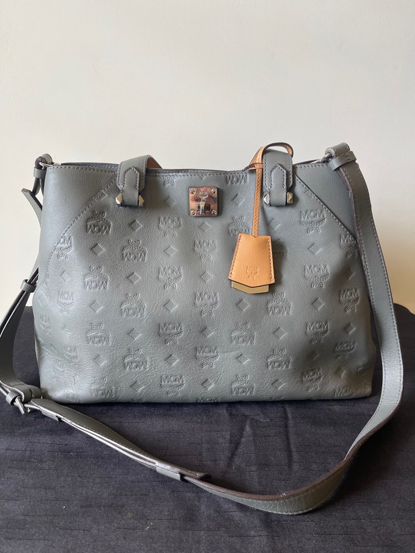 Mcm Boston Essential Monogrammed Leather Satchel In Charcoal