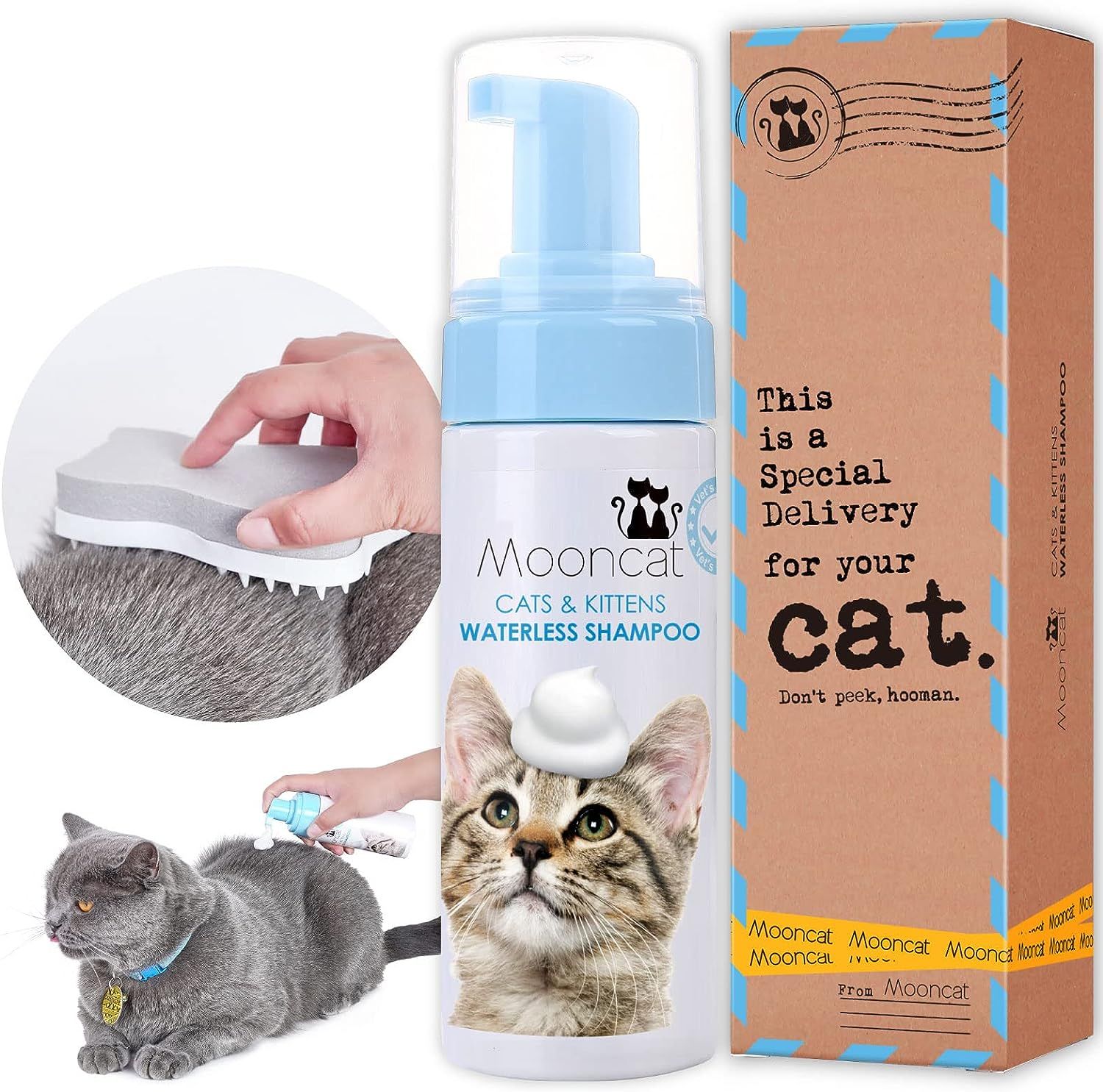 Mooncat Waterless Cat Shampoo Cat Brush Licking Safe Dry Shampoo for Cats No Rinse Foam Cat Bath Grooming for Cat Kitten Sensitive Skin Dander Reducing Paraben Free pH Balanced 5 oz Pet Supplies