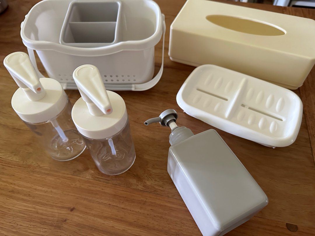 Muji & Ikea soap dispensers, kitchen caddy, soap dish, tissue holder on