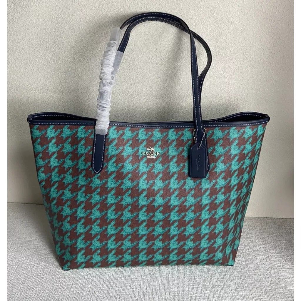 New Coach Original Green City Tote With Houndstooth Print Shoulder