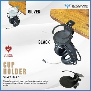 🦅 (𝐒𝐆 𝐒𝐓𝐎𝐂𝐊) Black Hawk Ergonomic Cup Holder Clamp | Cup Holder For Standing Desk | Cup Holder And Headphone Hook