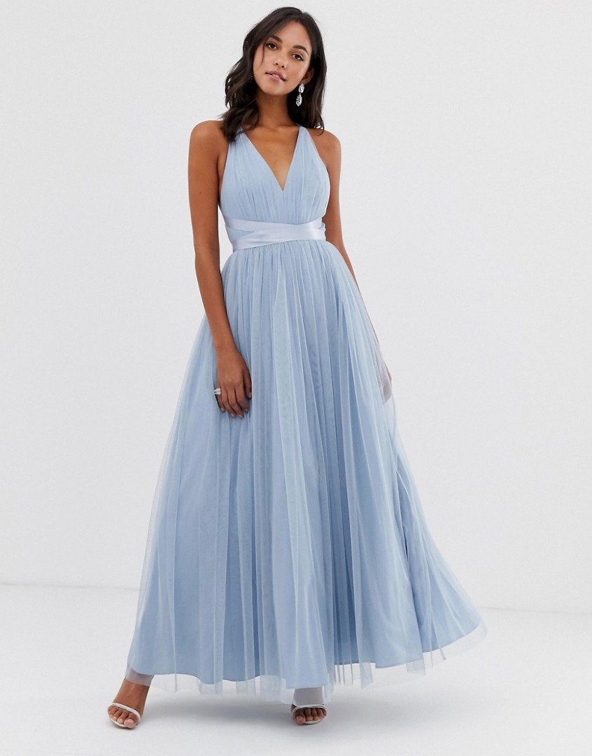 knee length dresses for ladies Rent Asos Design Rose Cami Pleated Tulle Maxi Dress