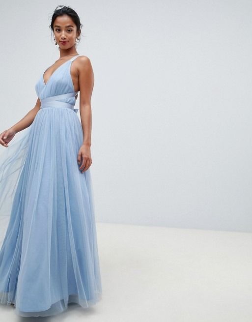 Tulle maxi prom dress with ribbon ties discount