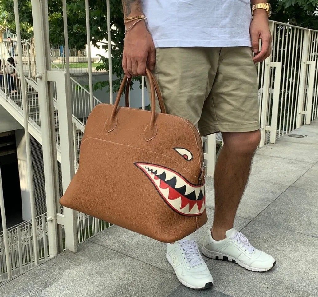 Authentic Her mes Bolide 45 Gold Togo Shark Tote Bag Stamp X