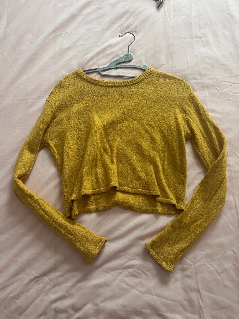 Brandy melville mustard yellow long sleeve wool knot crop top