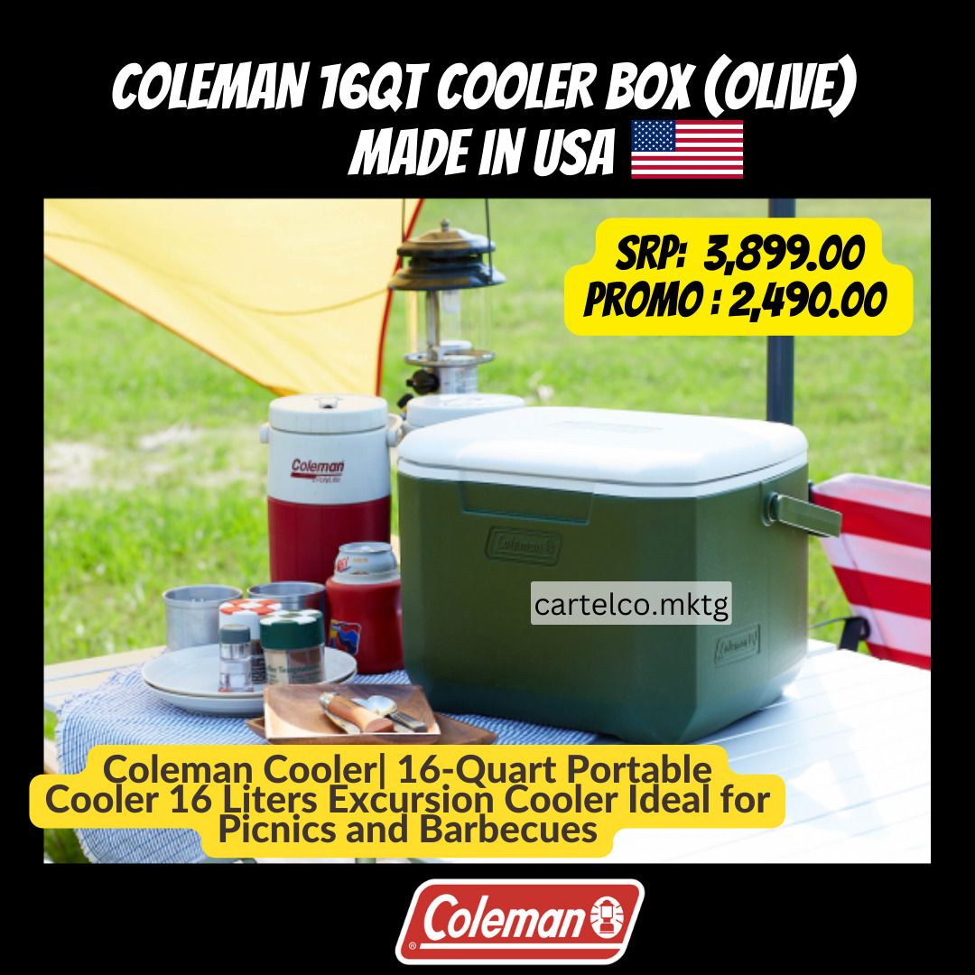 CAMPING COOLER 16QT COLEMAN (Category: Storage Boxes & Baskets) located in Manila. Submitted by cartelcomnl (Listing ID 1247718354, Image 1). Description: COLEMAN COOLER MADE IN USA 16QT GREEN HANDY, AND DURABLE .