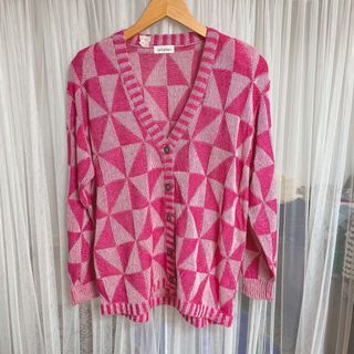 Cardigan kotak pink barbie magenta fuchsia oversize geometrik