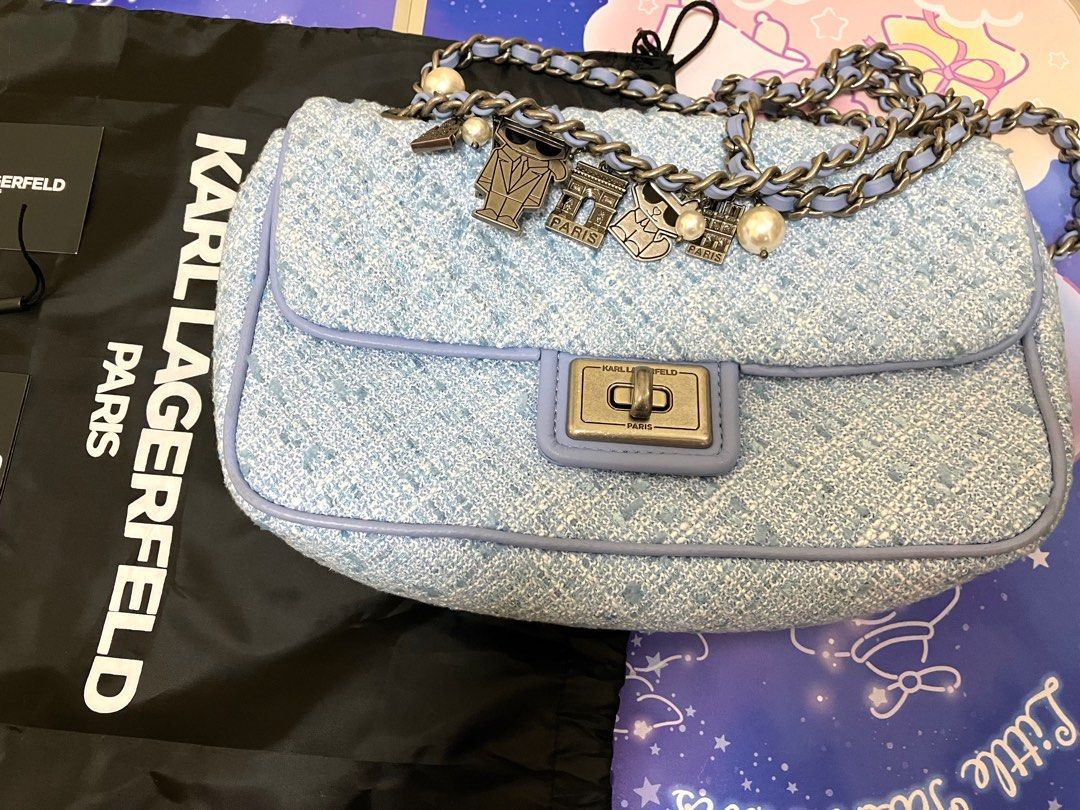 KARL LAGERFELD tweed baby blue 2 ways bag with dust bag tag