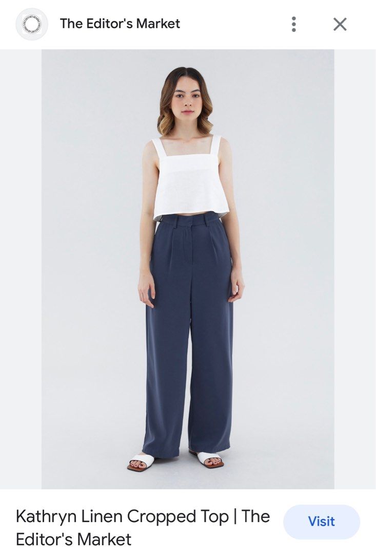 White Linen Cropped Top (Category: Sleeveless) located in Manila. Submitted by oatchata (Listing ID 1247752038, Image 2). Description: - Size XS on tag - One of my faves, but i have too manu white tops 😅 - Great to pair with anything tbh - Bought from The Editors Market Glorietta - Sold out on the website also.