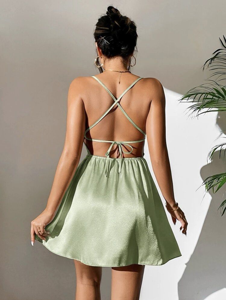 Shein Petite Crisscross Backless Satin Cami Green Dress, Women's Fashion,  Dresses & Sets, Dresses on Carousell