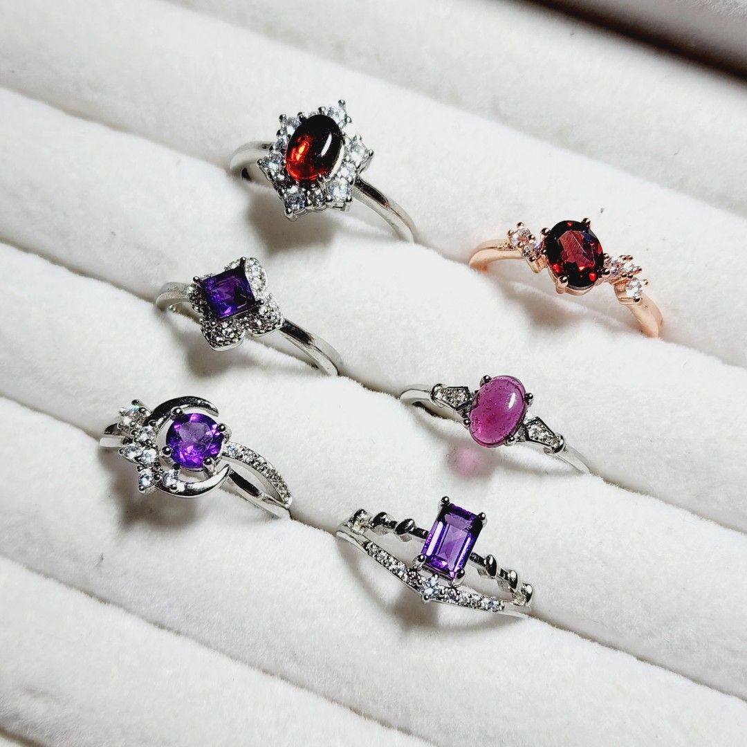 Stone by A Amethyst Garnet Purple Garnet Crystal Gemstone Adjustable Ring Plated Silver