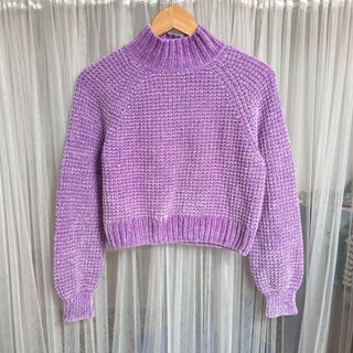 Sweater velvet lengan balon branded lilac h&m crop bludru divided