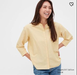Uniqlo Linen Blend Stripe Band Collar 3/4 Sleeve Shirt