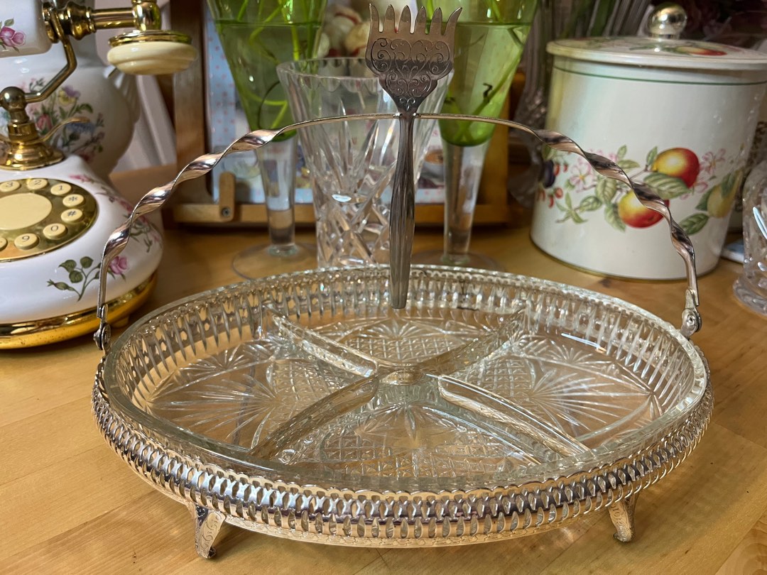 VINTAGE QUEEN ANNE Silver Plated Glass Serving Dish, Furniture & Home