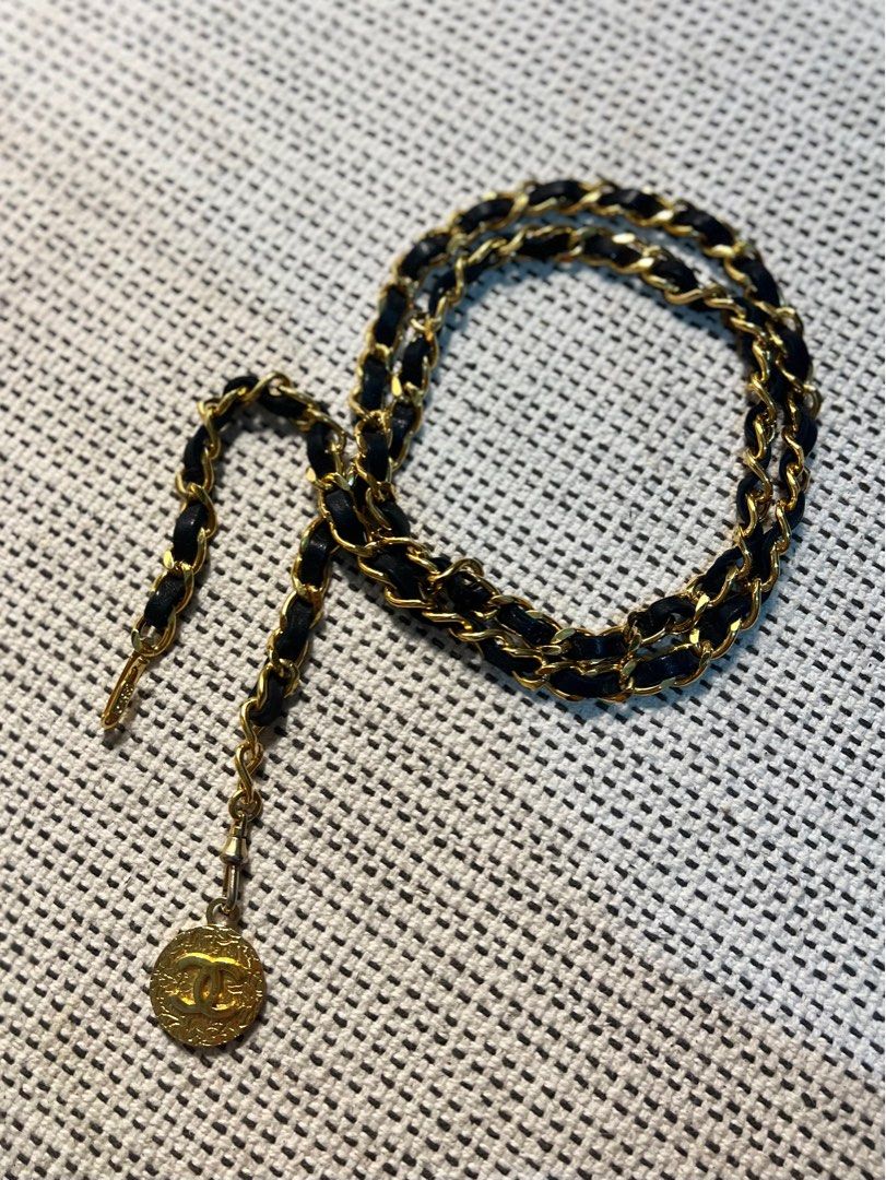 Auth Chanel CC Chain Medallion Belt Gold Tone leather Women s