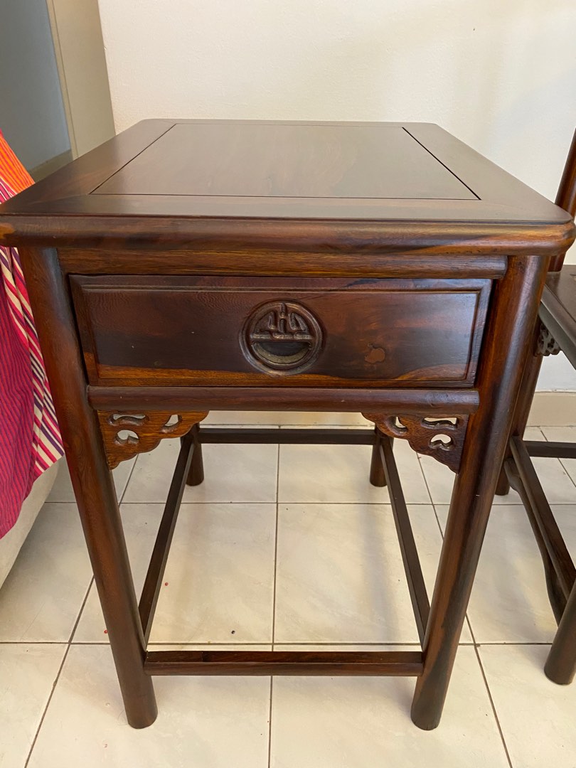 Chinese wooden side table with drawer, Hobbies & Toys, Collectibles
